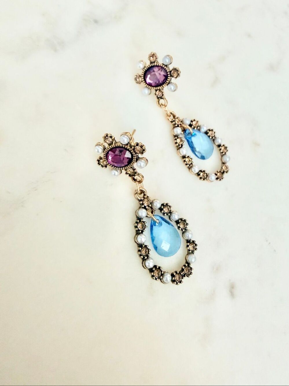 Baroque Blue Purple Crystal Faux Pearl Drop Earrings Gold Tone
